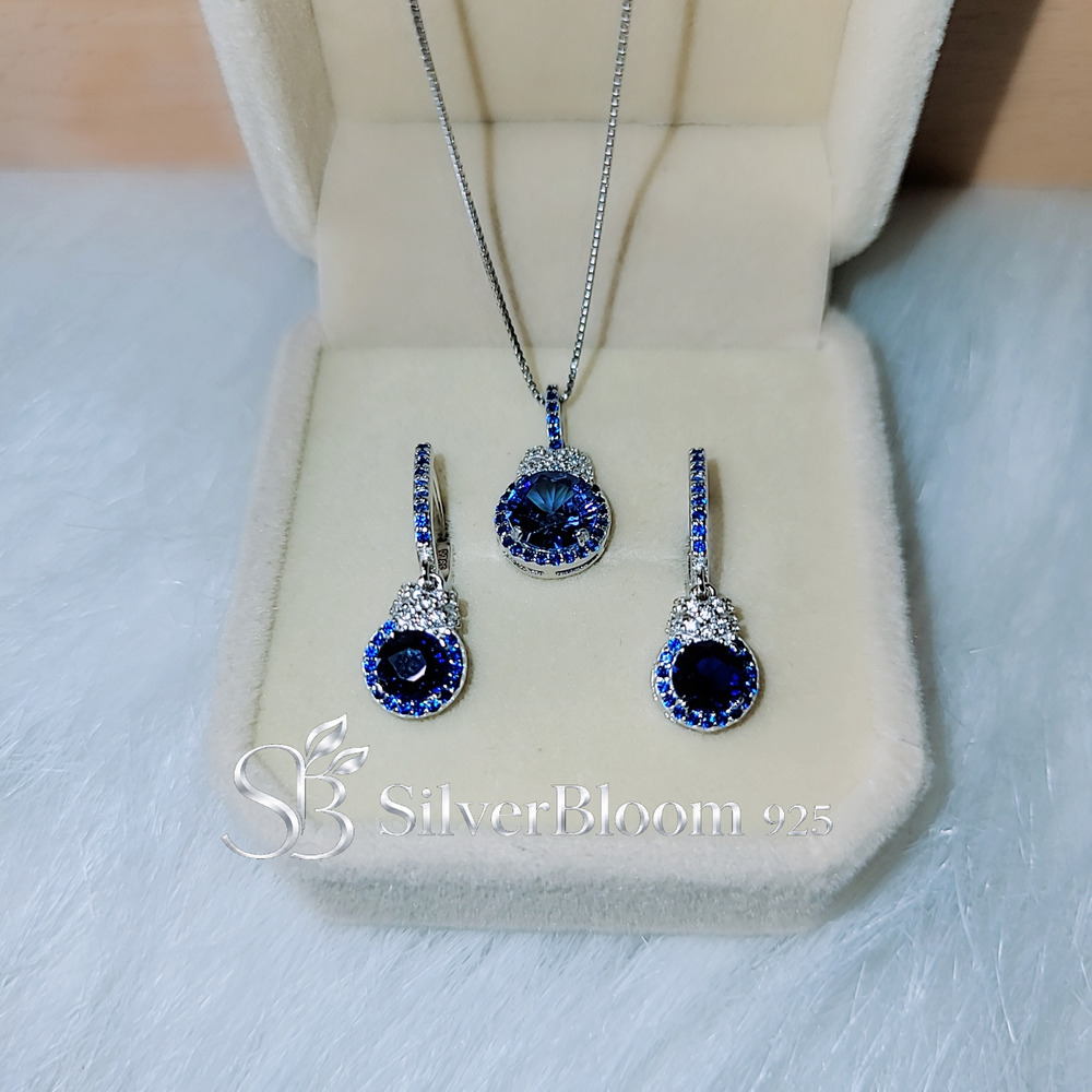 Blue Synthetic Tanzanite 5A CZ Jewelry Set - 925 Silver Necklace & Earrings